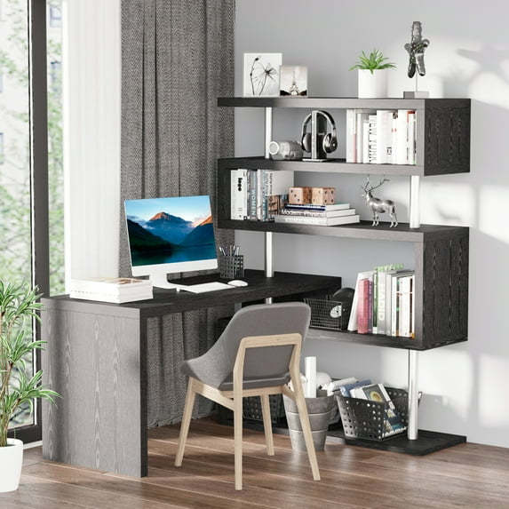 HomCom 94" 4 Tier Rotating Versatile L-Shaped Computer Desk Writing Table with Display Shelves and Steel Frame, Black
