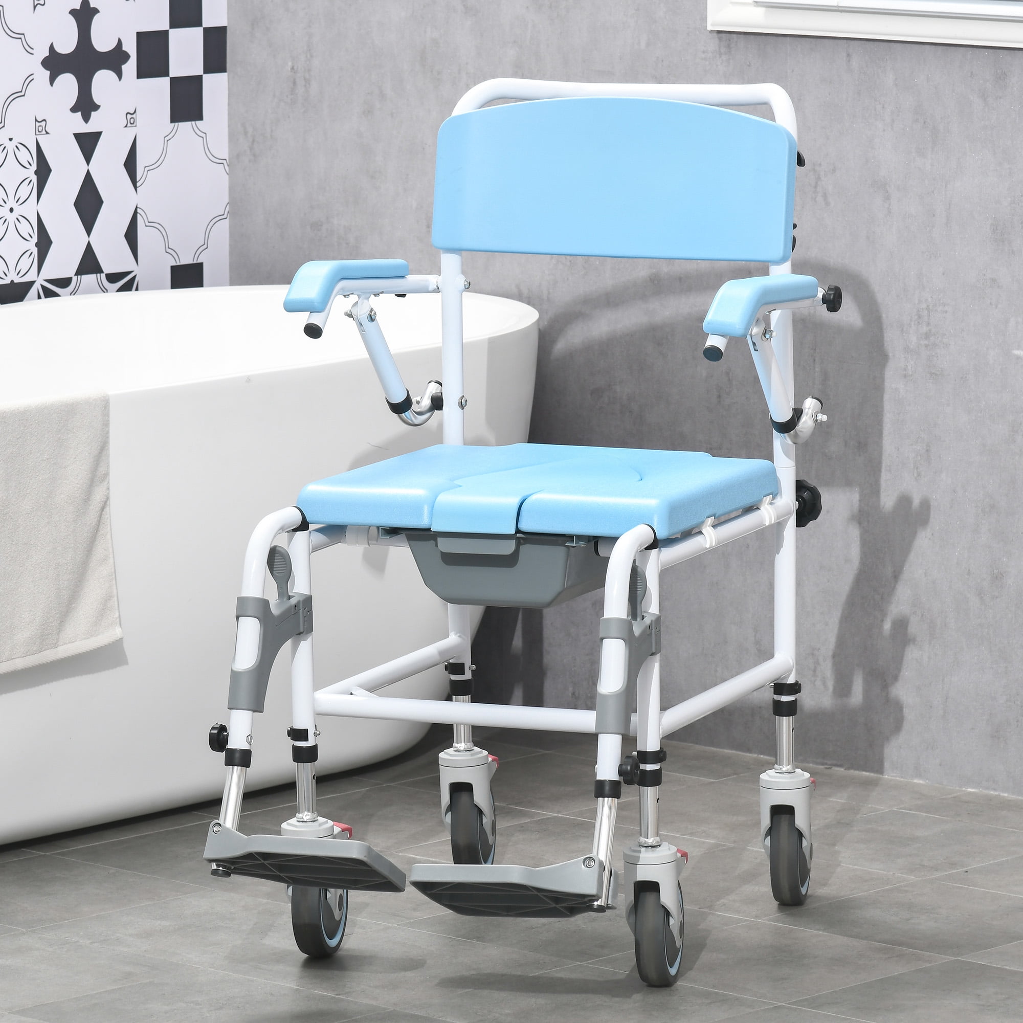 HomCom Handicap Shower Chair for Elderly Disabled Medical Bathroom Transfer Commode with 4 Castor Wheels Blue Walmart