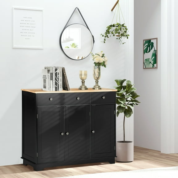 HOMCOM Kitchen Storage Cabinet, Sideboard Floor Cupboard with Solid Wood Top, Adjustable Shelf, and 3 Drawers for Living Room, Black