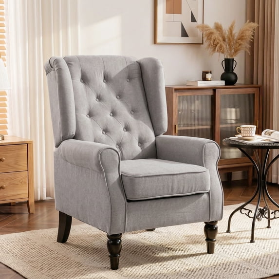 HOMCOM Button-Tufted Accent Chair with High Wingback, Rounded Cushioned Armrests and Thick Padded Seat, Grey