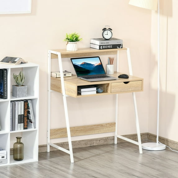 HOMCOM Home Office desk, Computer Desk for Small Spaces, Writing Table with Drawer and Storage Shelves, Natural