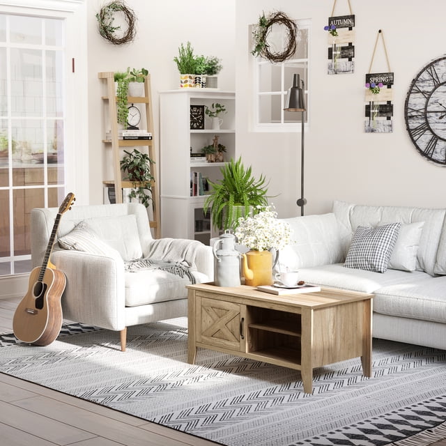 HomCom Farmhouse Coffee Table with Enclosed Storage Cabinet, Adjustable ...