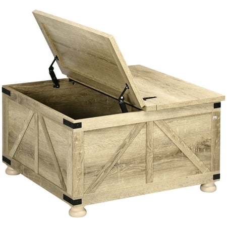 HomCom Farmhouse Storage Particle Board and Pine Wood Coffee Table, Oak