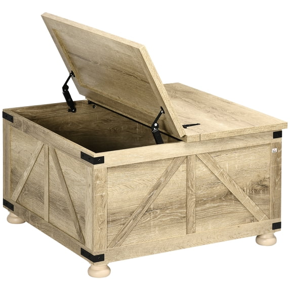 HomCom Farmhouse Storage Particle Board and Pine Wood Coffee Table, Oak