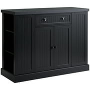 HomCom Fluted-Style Wooden Kitchen Island Storage Cabinet with Drawer, Open Shelving, and Interior Shelving for Dining Room, Black