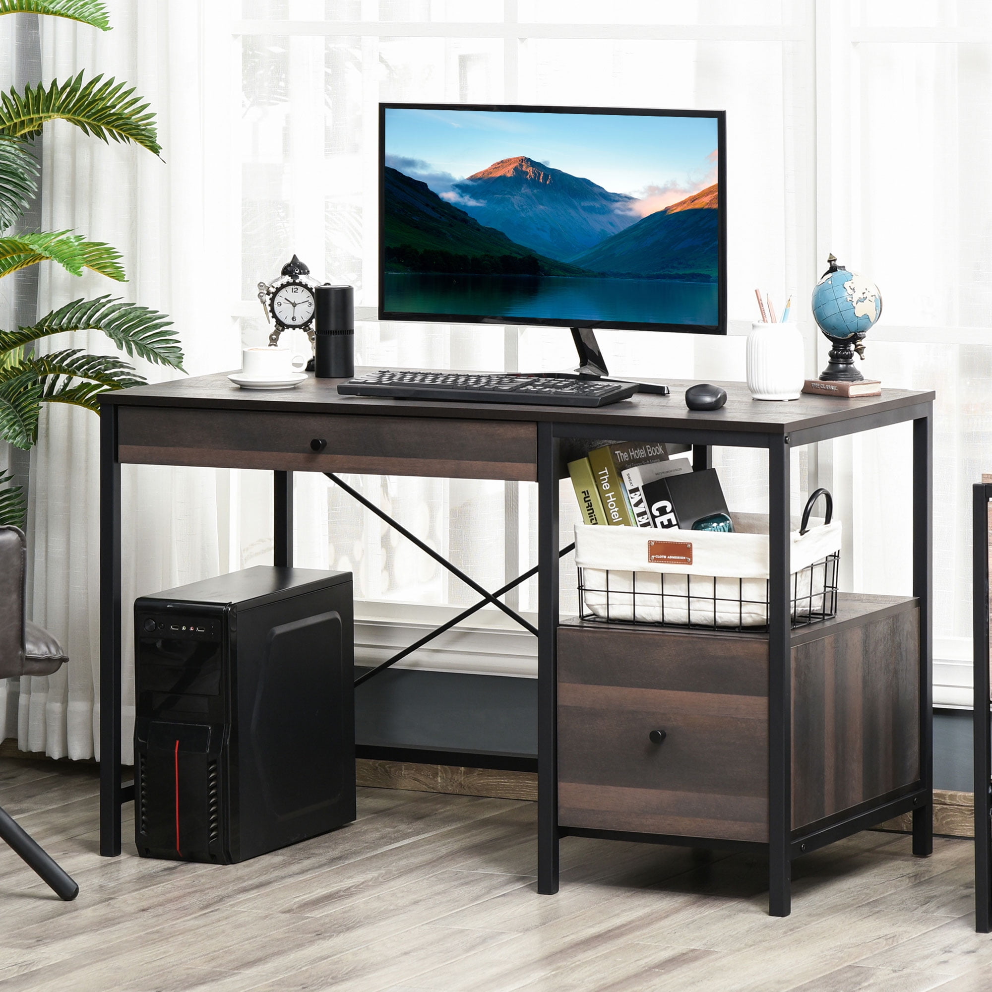HomCom Industrial Style Home Office Desk with Filing Cabinet Storage Drawer for Letter Size Papers and Steel Frame, Black, Walnut