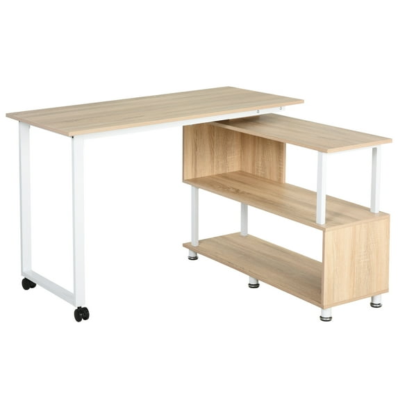 HomCom L-Shaped Computer Corner Desk and Rotating Shelf Combo for Home Office, Oak Color