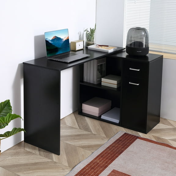 HomCom L Shaped Computer Desk Workstation with Storage Shelves and Cabinet for Home & Office Contemporary Style