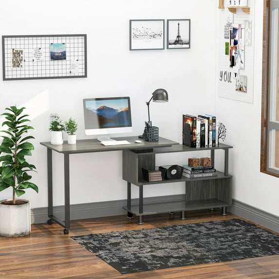 HomCom L-Shaped Rotating Computer Desk with Storage Shelves Rolling Writing Table Home Office Study Workstation for Home & Office, Grey
