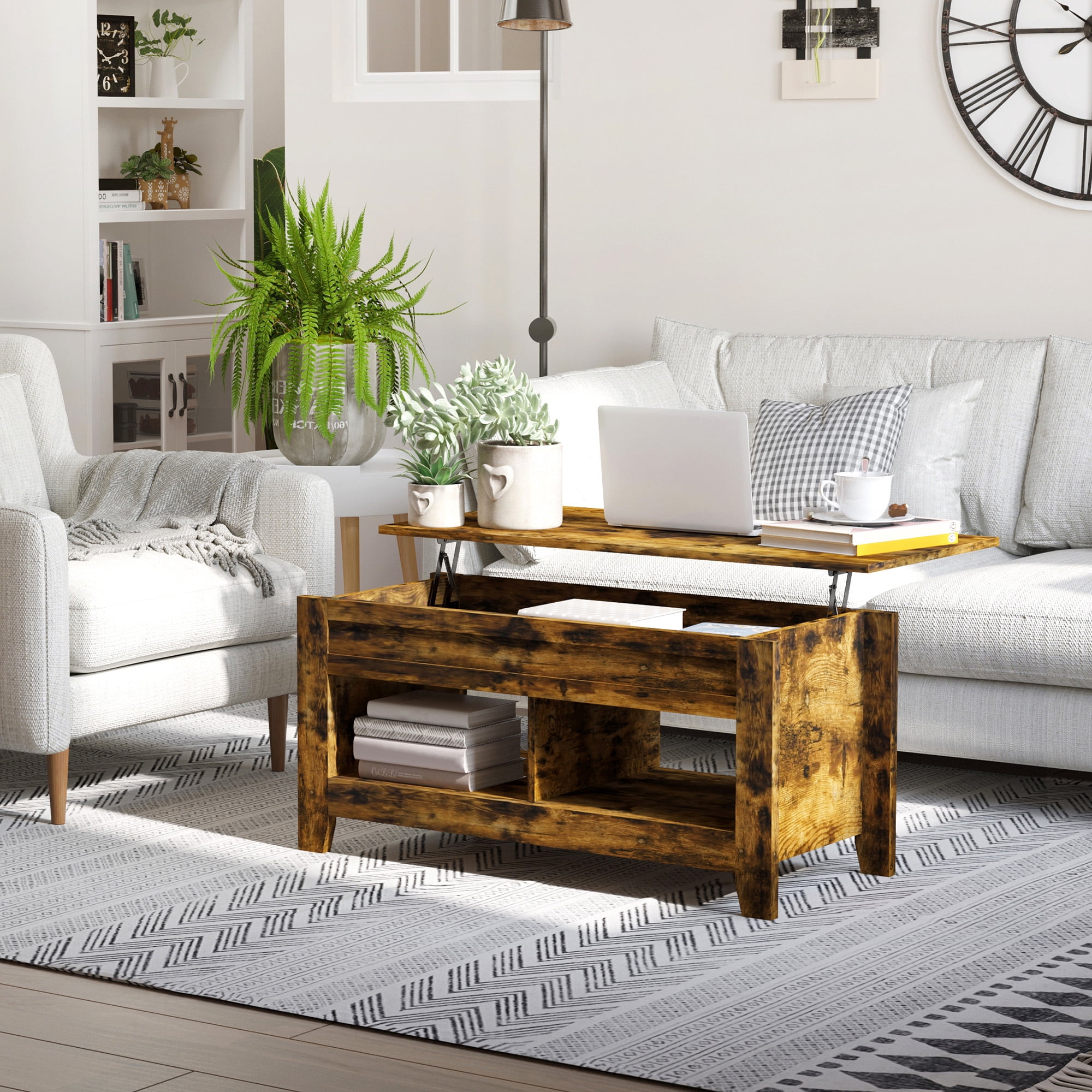 HomCom Lift Top Coffee Table with Hidden Storage Compartment & Shelf ...