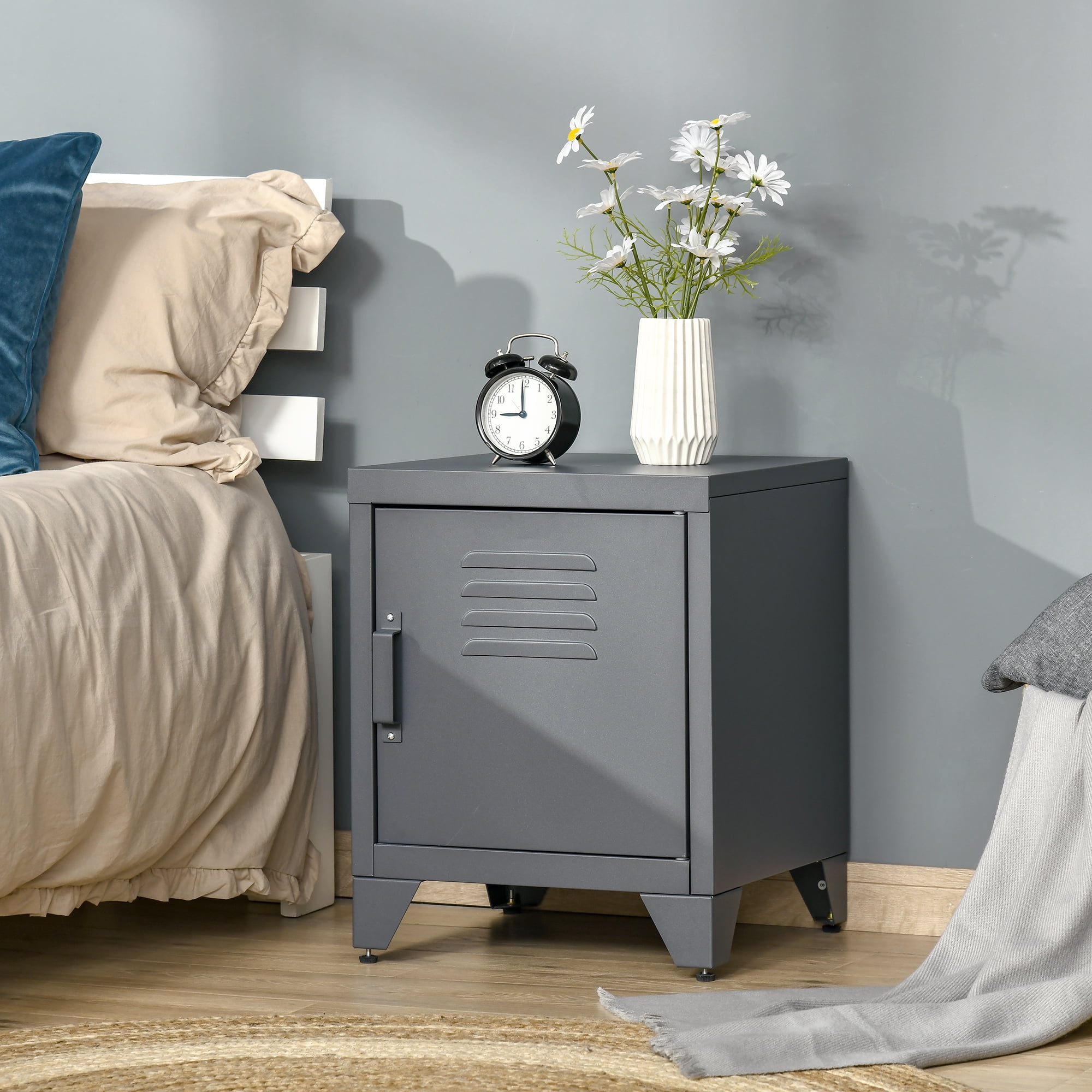 HomCom Locker Style Nightstand Storage Side Table with Shelf Metal Frame Grey