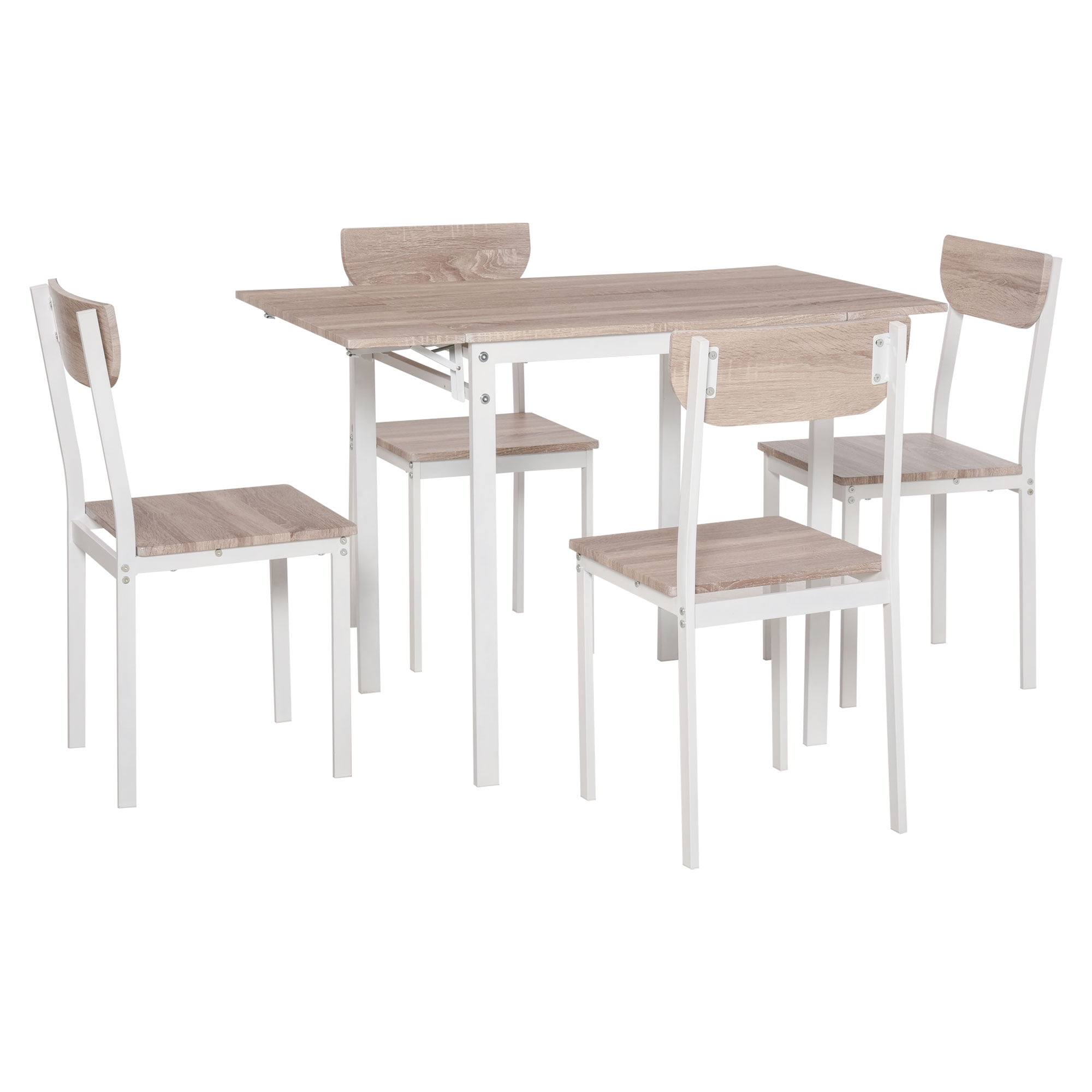 White and Light Brown Drop-Leaf Dining Table Set with 4 Chairs