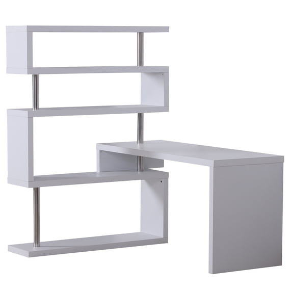 HomCom Modern L-Shaped 360° Rotating Computer Desk Corner Home Office Study Workstation with 5-Tier Storage Shelves, Bookshelf, White