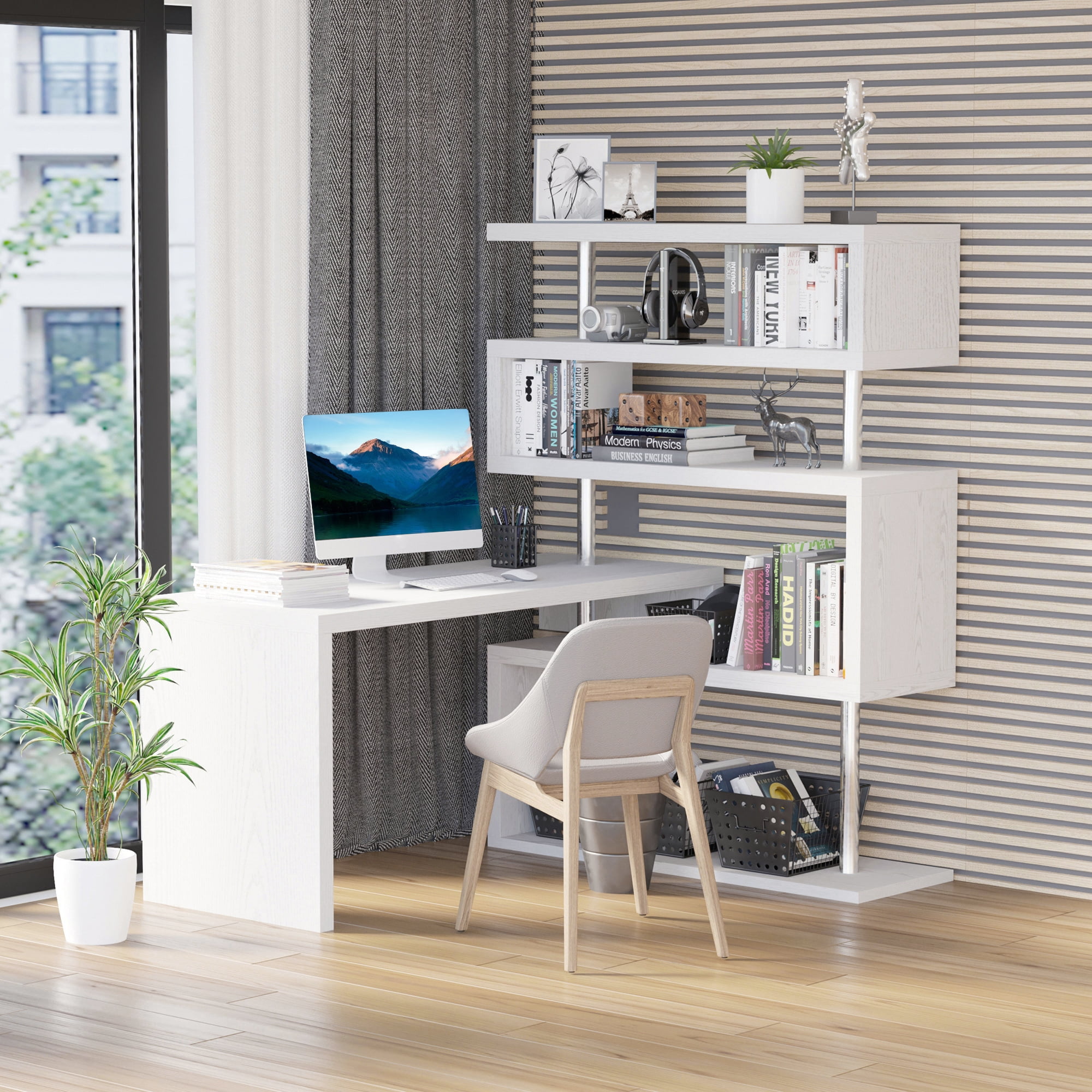 HomCom Modern L Shaped 360 Rotating Computer Desk Corner Home Office Study Workstation with 5 Tier Storage Shelves Bookshelf White