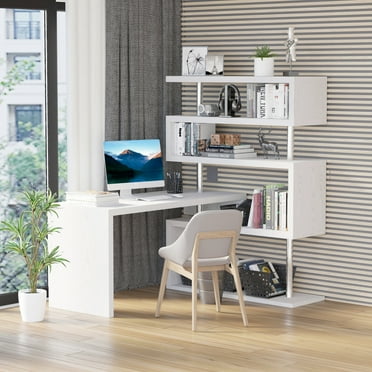 HomCom Modern L-Shaped 360° Rotating Computer Desk Corner Home Office Study Workstation with 5-Tier Storage Shelves, Bookshelf, White
