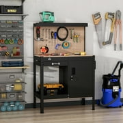 HomCom Multipurpose Workbench Workshop Tools Table with Drawer and Peg Board Storage Cabinet with Keys