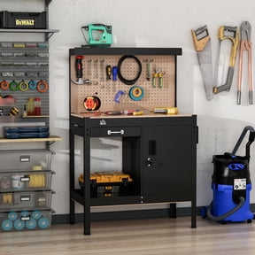 HomCom Multipurpose Workbench Workshop Tools Table with Drawer and Peg Board Storage Cabinet with Keys
