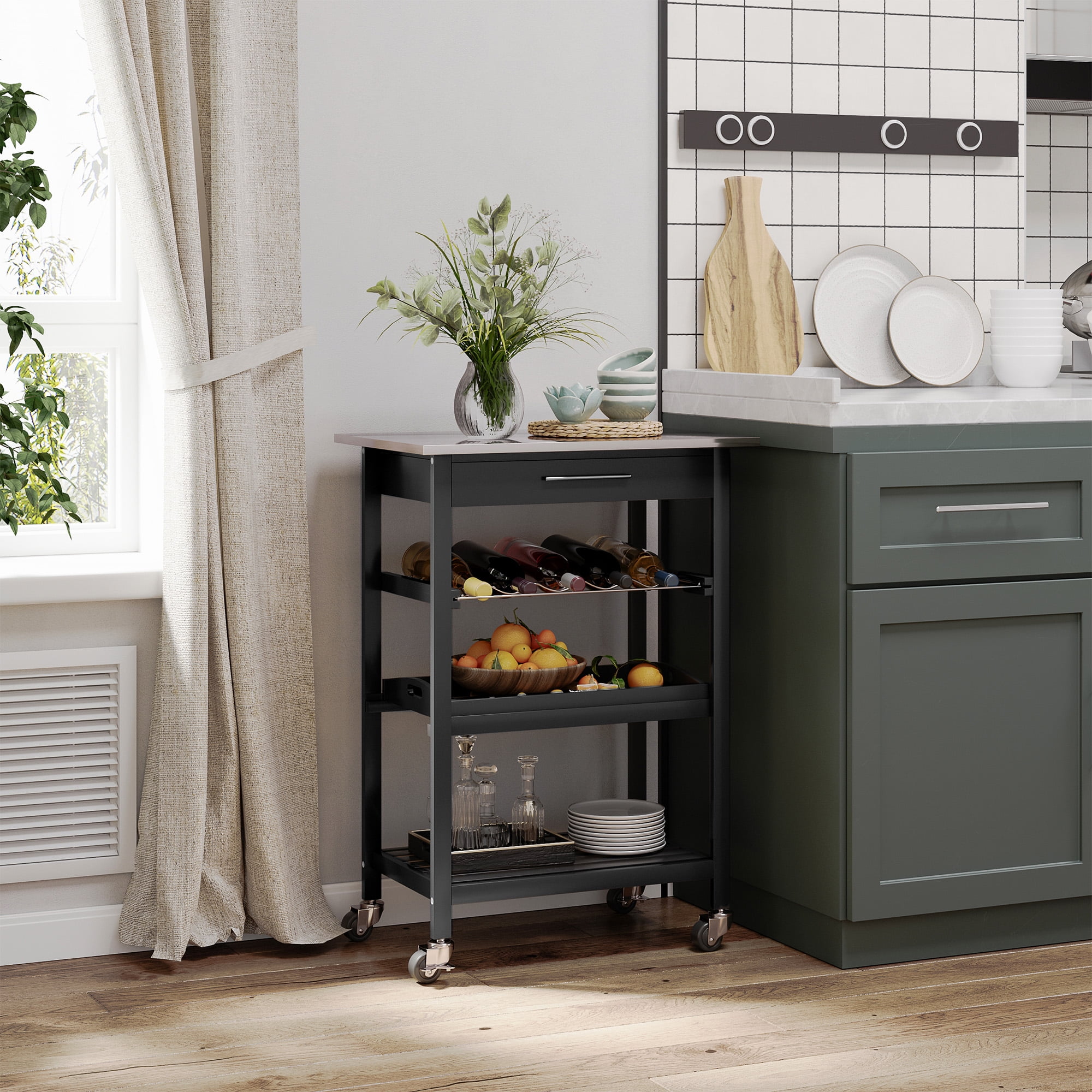 Stainless Steel Industrial Kitchen Cart with Wine Rack and Storage