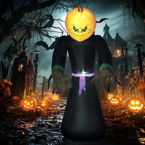 HomCom Pumpkin Reaper Light Up Halloween Yard Inflatable, with LED Lights including Fan 7'