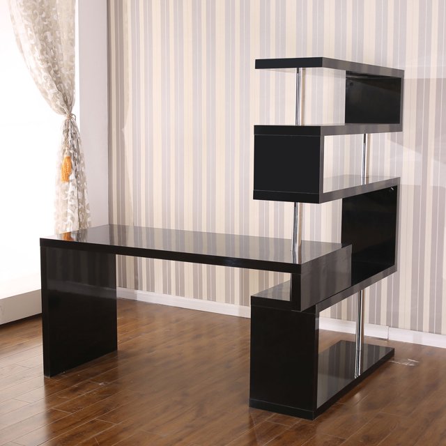 Rotating Home Office Corner Desk and Shelf Combo Black