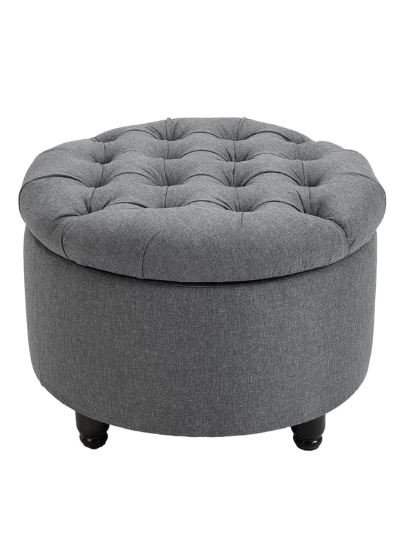 HomCom Round Linen Fabric Storage Ottoman Footstool with Removable Lid
