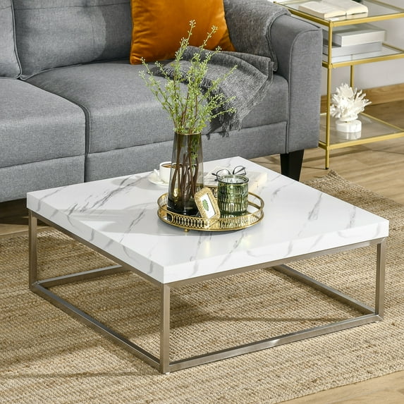 HomCom Square Coffee Table with Faux Marble Tabletop for Living Room