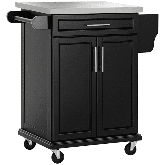 HomCom Wood Stainless Steel Multi- Storage Rolling Kitchen Island Utility Cart With Wheels - Black