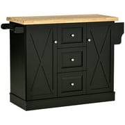 HomCom Wooden Mobile Kitchen Island Cart with Drawers and Wheel - Black
