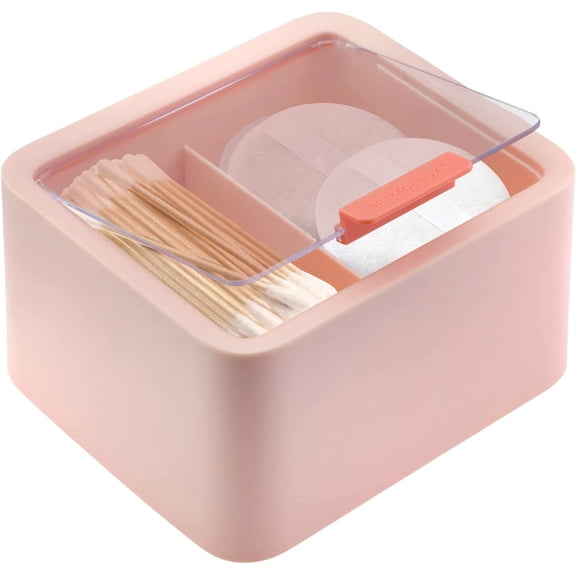 HomEquip bathroom Organizer Cotton Pad & Q Tip Storage with Lid – Pink Qtip Dispenser Box with 2 Sections for Cotton Swab Balls, Makeup Sponge, Tooth Pick, Hair Accessories & Much More
