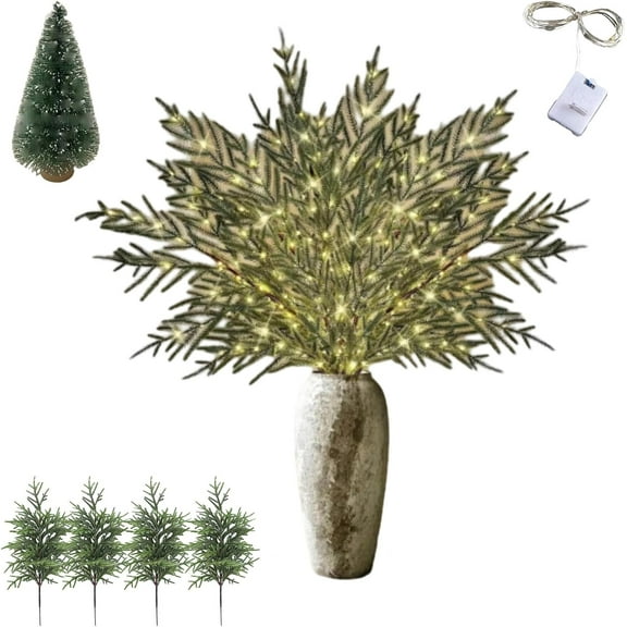 HomFairy 35" Christmas Lighted Norfolk Pine Branches, 4-Piece Set Pre Lit Norfolk Pine Stems with Lights, Warm Lighted Stems for Home Centerpiece Decorations