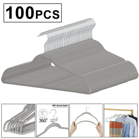 HomGarden 100 Pack Gray Clothing Velvet Hangers - Non-Slip & Space-Saving, 360° Swivel Hook W/Accessory Bar