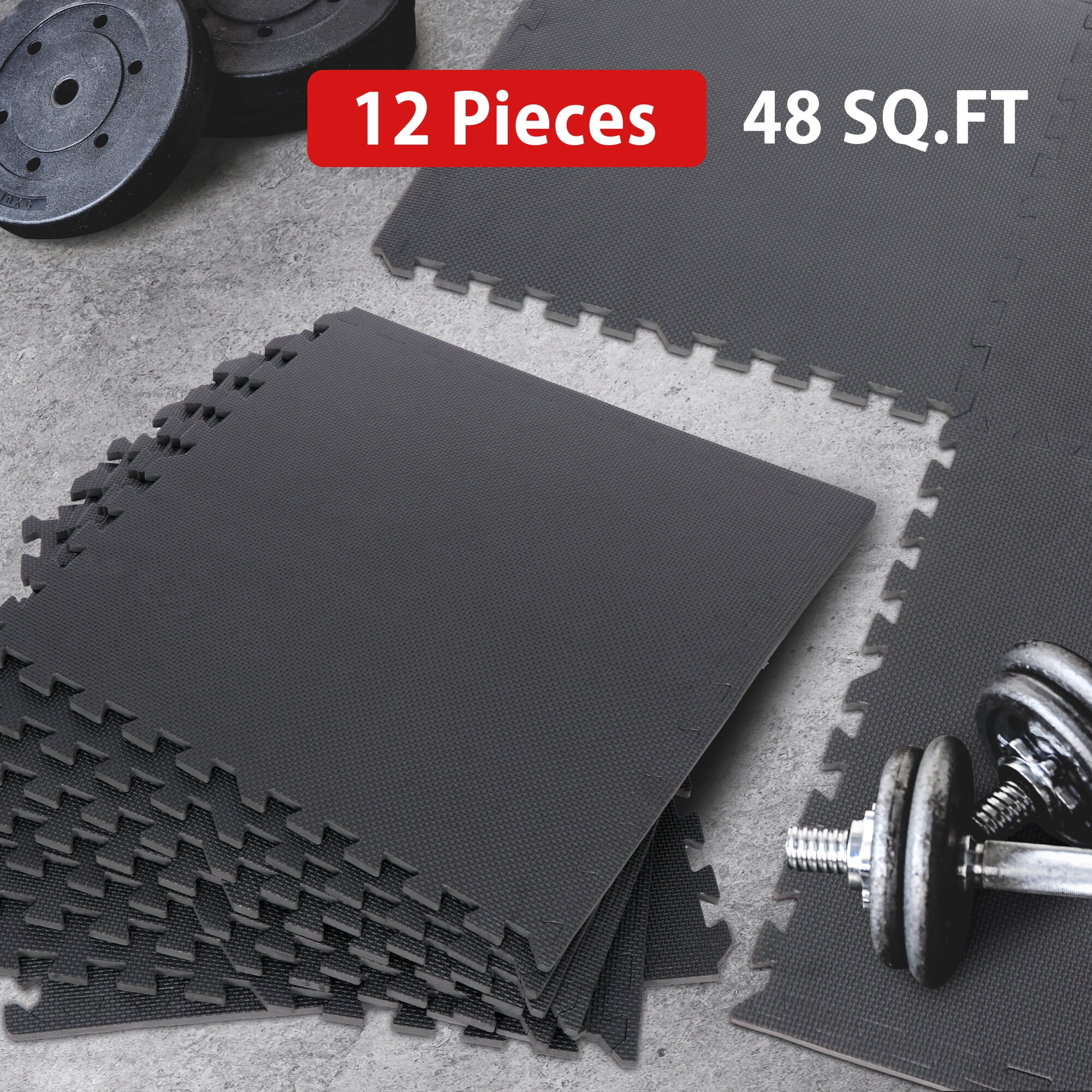 HomGarden 12 Tiles Puzzle Exercise Mat ½” Home Gym Floor Workout Mat EVA  Foam Interlocking Tiles Black 