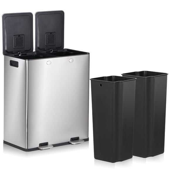 HomGarden 13.2 Gallon Dual Compartment Trash Can Stainless Steel Step Garbage Can Home Kitchen, Silver