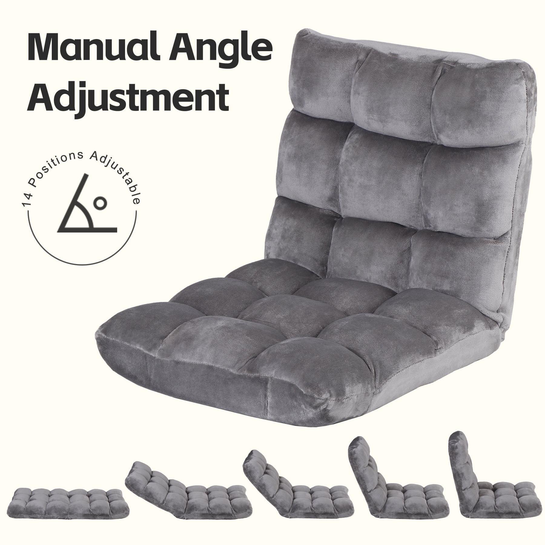 HomGarden 14-Position Adjustable Floor Chair Padded Folding Gaming Sofa Chair Grey 18.5”W x 19.3”D x 18”H