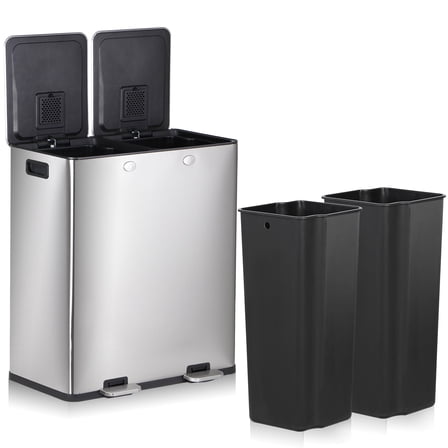 HomGarden 16 Gallon Dual Compartment Trash Can Stainless Steel Step Garbage Can Home Kitchen