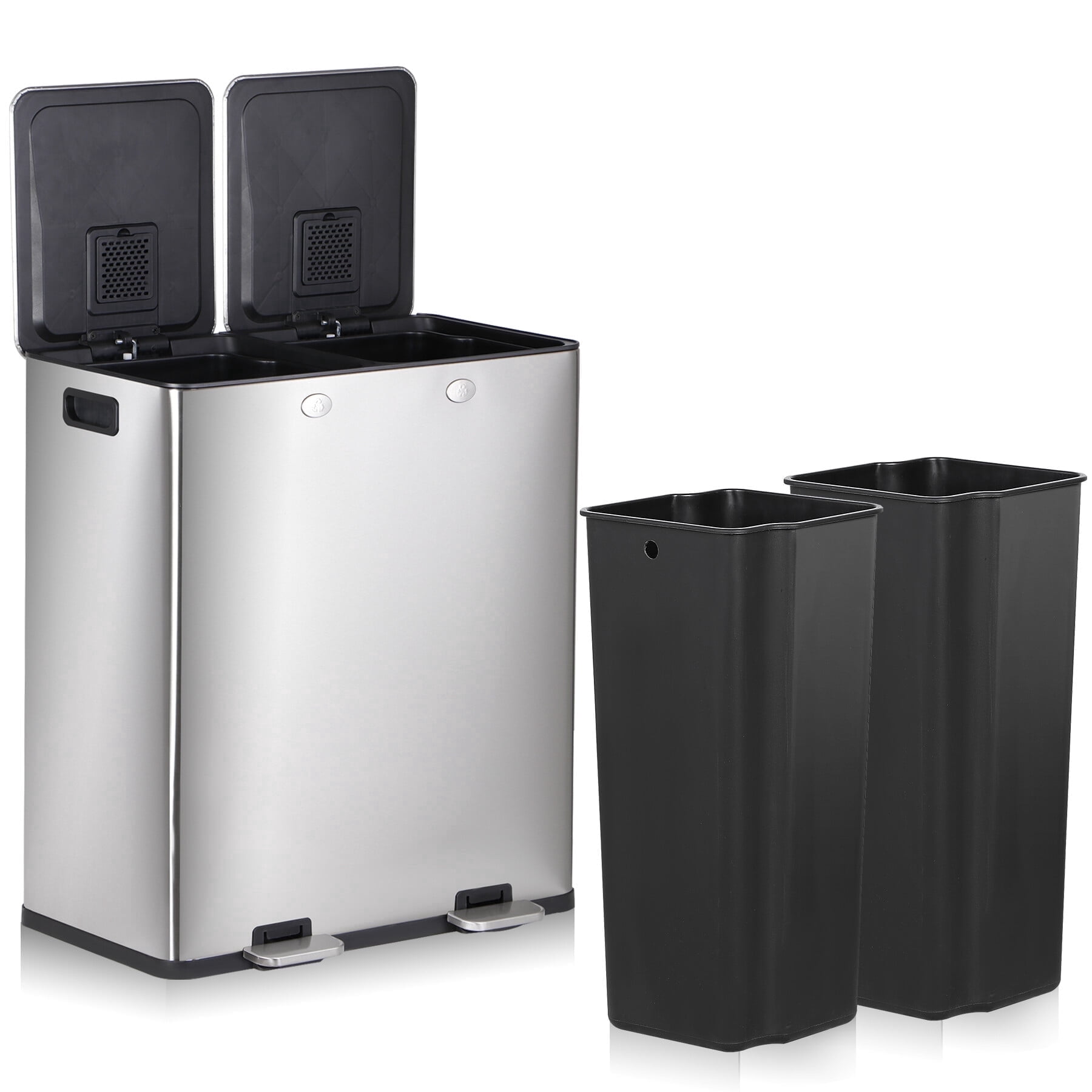 HomGarden 16 Gallon Dual Compartment Trash Can Stainless Steel Step Garbage Can Home Kitchen