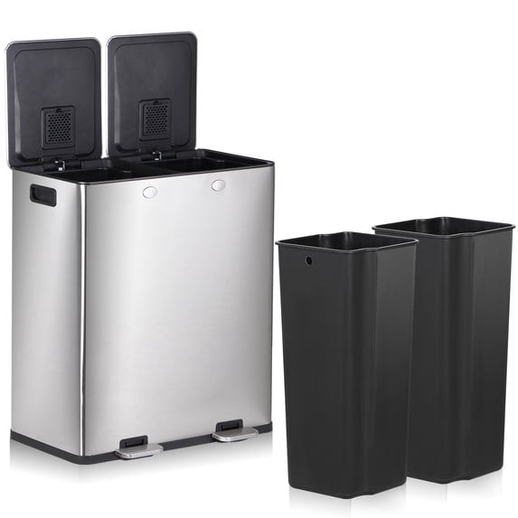 HomGarden 16 Gallon Dual Compartment Trash Can Stainless Steel Step Garbage Can Home Kitchen