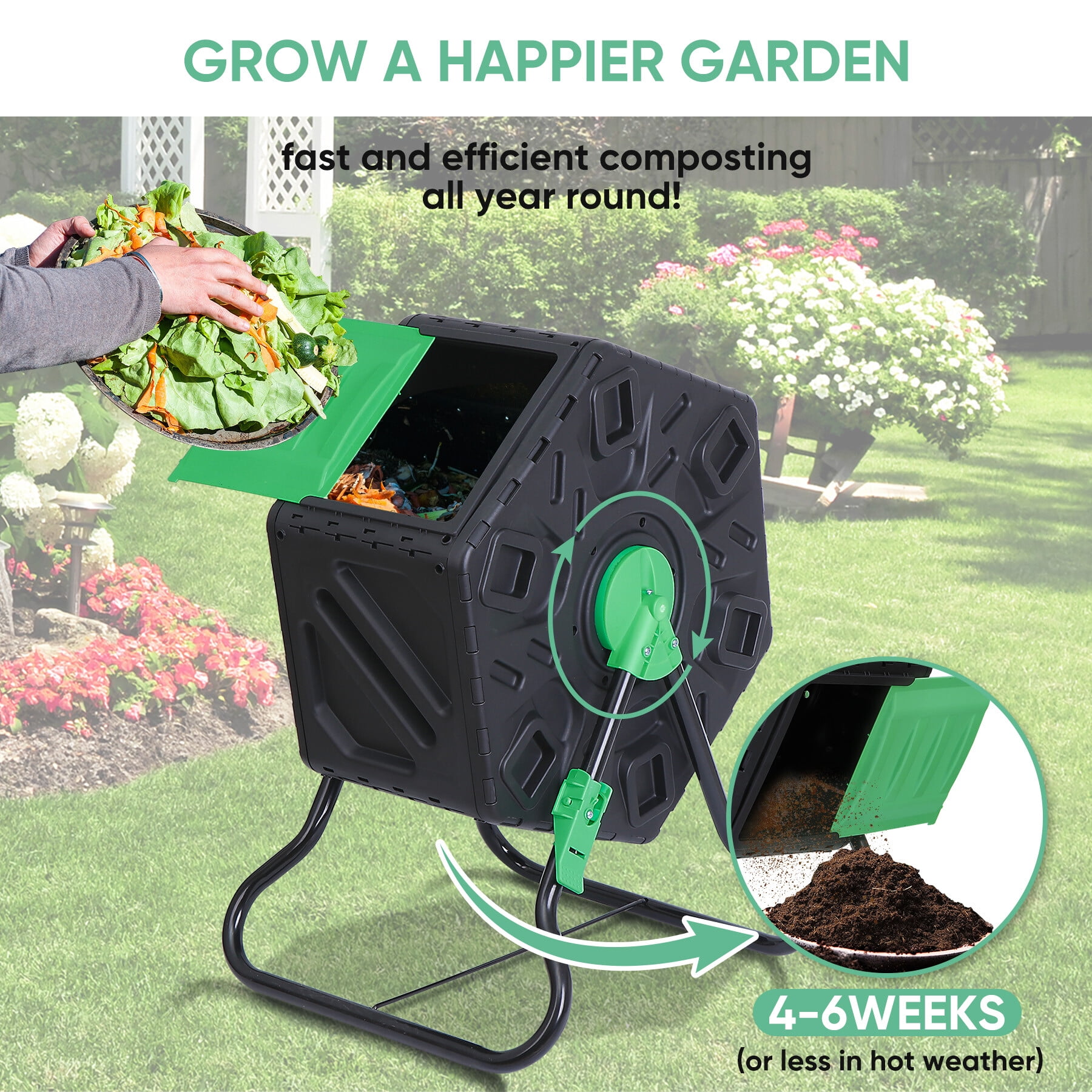 HomGarden Small 18.5Gal Outdoor Compost Tumbler, Compact Rotating Plastic Barrel, BPA Free