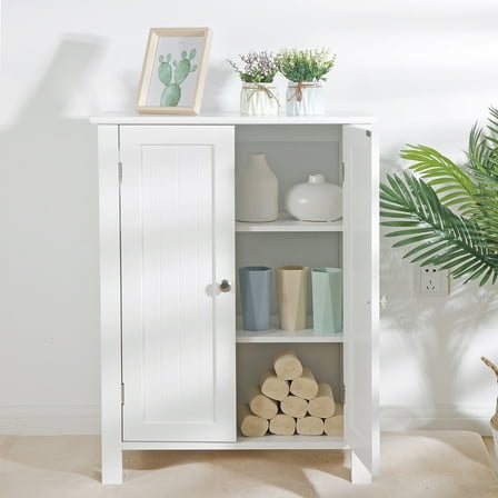 HomGarden 2-Door Bathroom Floor Storage Cabinet Side Cupboard W/ Adjustable Shelves, 11.8'' W, White