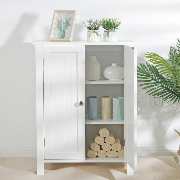 HomGarden 2-Door Bathroom Floor Storage Cabinet Side Cupboard W/ Adjustable Shelves, 11.8'' W, White