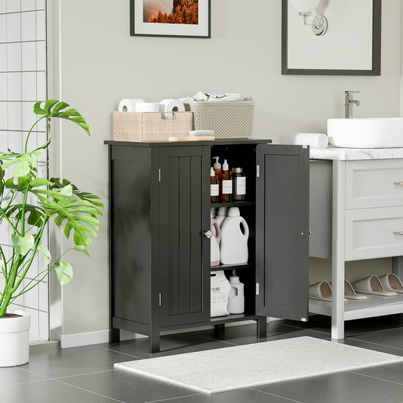 HomGarden 2-Door Bathroom Floor Storage Cabinet Side Cupboard W/ Adjustable Shelves, Black