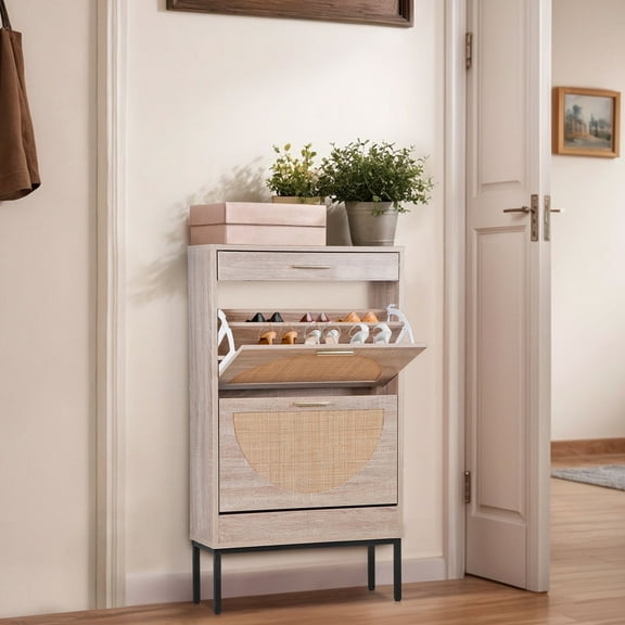HomGarden 2 Flip Doors Shoe Storage Cabinet Adjustable Rattan Shoe Rack Organizer W/Drawer, Natural