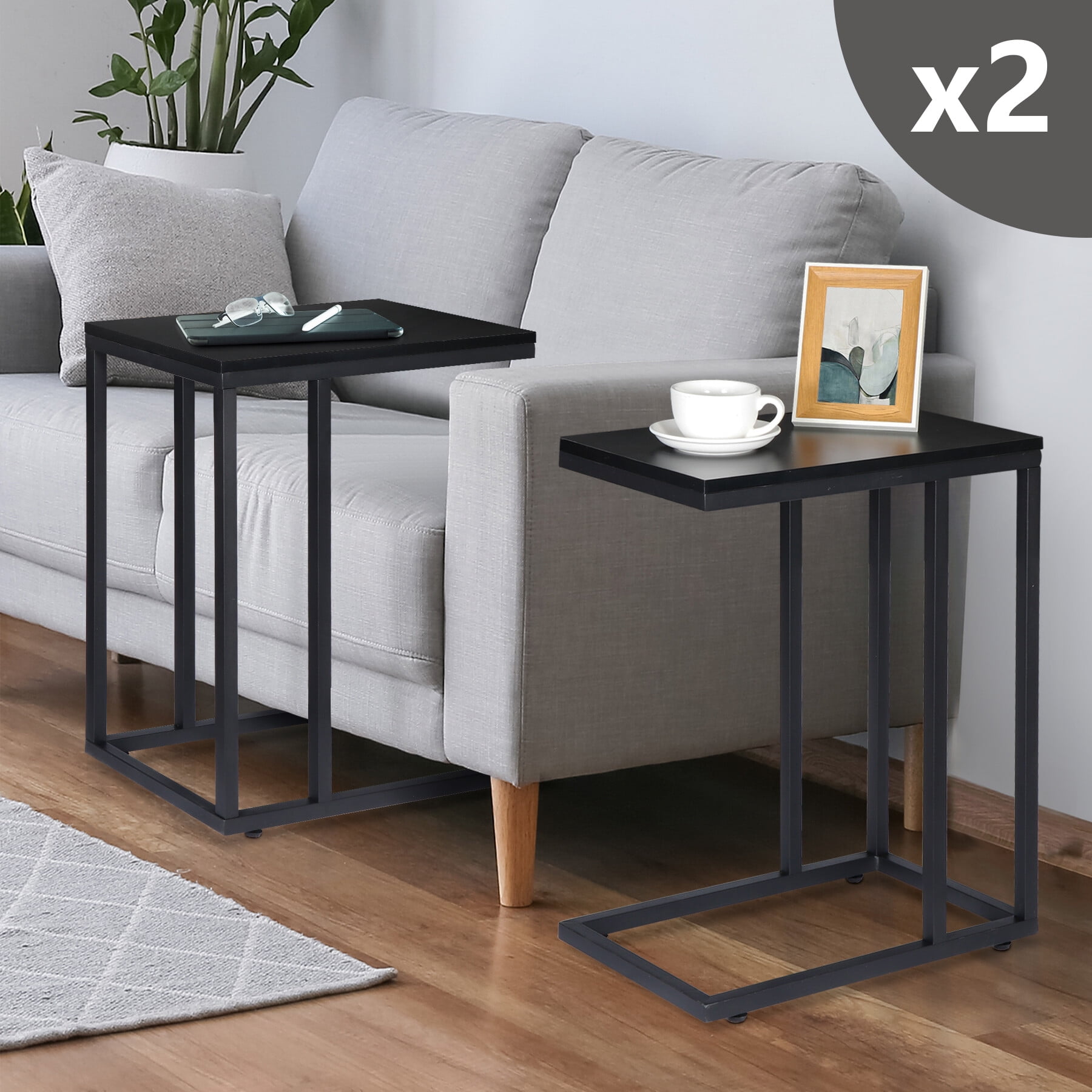 HomGarden 2 Pack 23'' Tall C-Shape Sofa Side Table Metal Indoor End Table  Small Snack Table, Black 