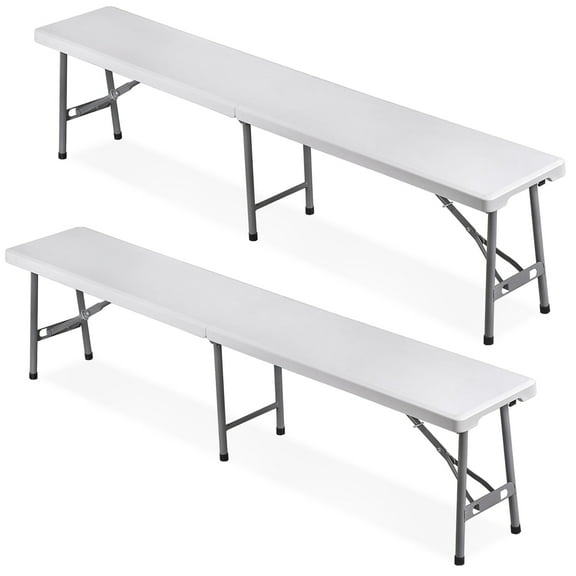 HomGarden 2 Pack 6ft Plastic Folding Bench 660lbs Portable Indoor Outdoor Camping Dining Bench W/Carrying Handle, White