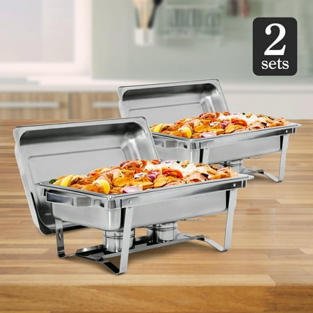 HomGarden 2 Pack Foldable 8QT Chafing Dish, Stainless Steel Buffet Chafer W/2 Fuel Holders, Silver