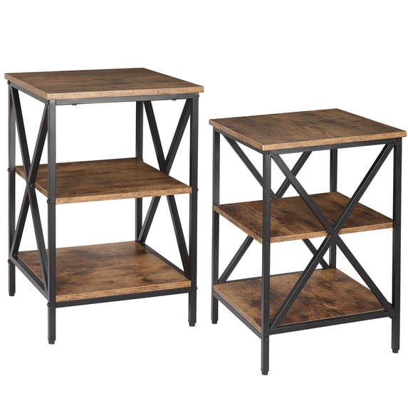 HomGarden 2 Pack Industrial End Table 3-Tier Square Sofa Side Table Metal Frame Rustic Brown