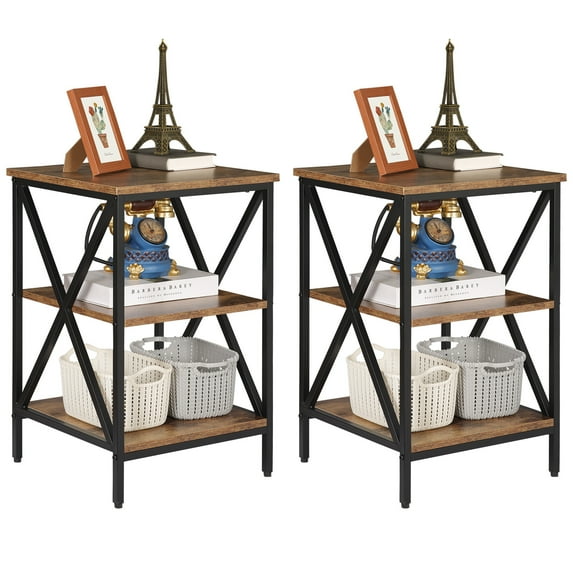 HomGarden 2 Pack Industrial End Table 3-Tier Square Sofa Side Table Metal Frame Rustic Brown