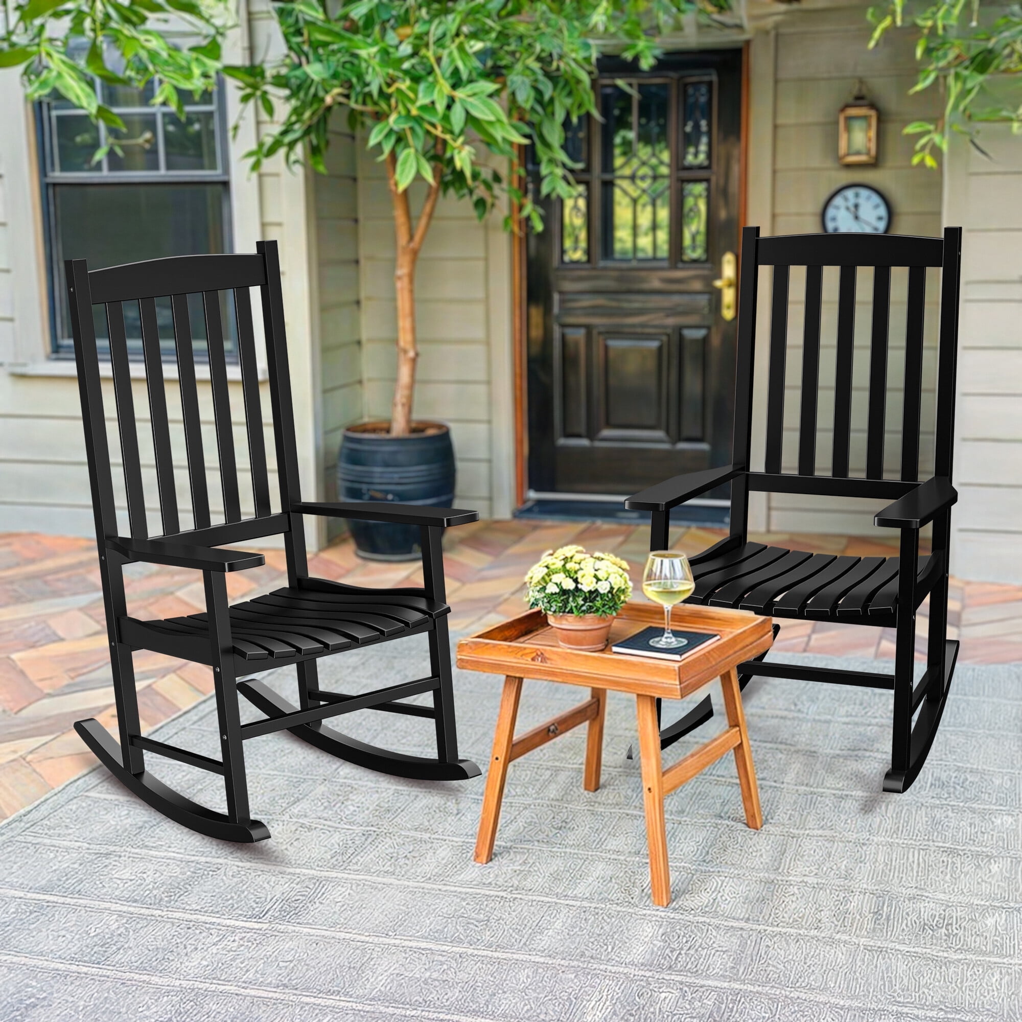 HomGarden 2 Pack Patio Wood Rocking Chair Indoor Outdoor All-Weather ...