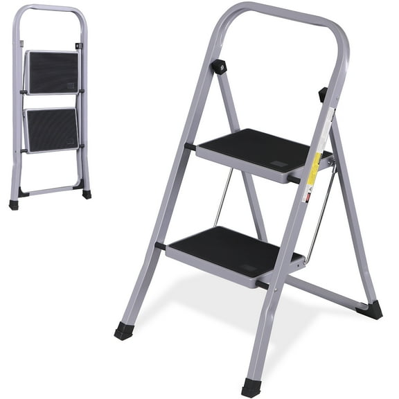 HomGarden 2-Step Foldable Ladder Non-Slip Steel Step Stool W/Handgrip & Wide Pedal Max350 lbs Gray