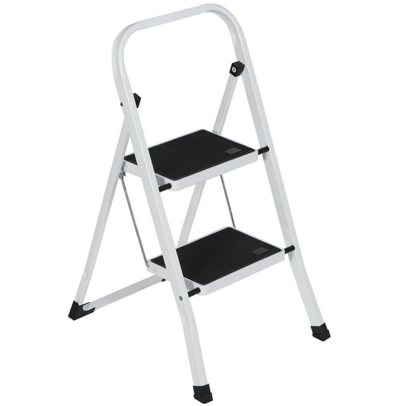 HomGarden 2-Step Foldable Ladder Non-Slip Steel Step Stool W/Handgrip & Wide Pedal Max350 lbs White